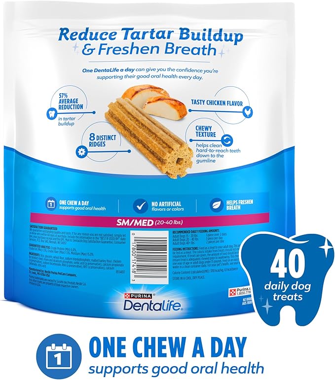 Purina Dentalife Daily Oral Care Chicken Flavor Small/Medium Breed Dog Dental Chews – 28.5 oz pouch (40ct)