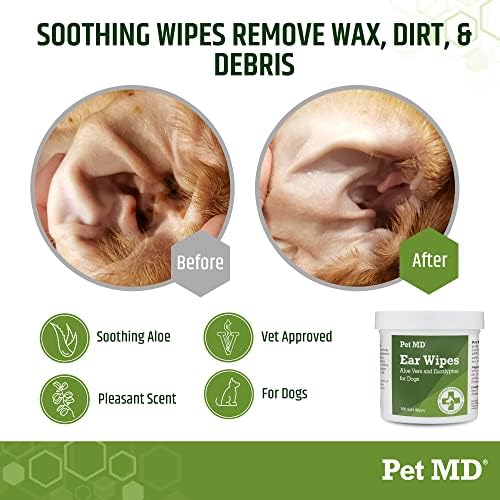 Pet MD Dog Ear Cleaner Wipes - 100 Count Otic Cleanser with Aloe & Eucalyptus to Relieve Ear Itching and Prevent Infections