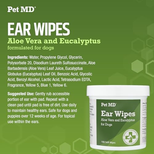 Pet MD Dog Ear Cleaner Wipes - 100 Count Otic Cleanser with Aloe & Eucalyptus to Relieve Ear Itching and Prevent Infections