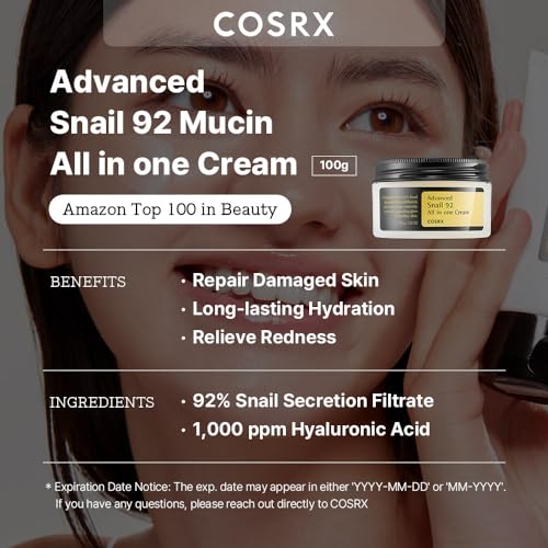 COSRX Snail Mucin 92% Repair Cream - Ultra-Hydrating Daily Face Gel Moisturizer for Dry, Acne-Prone & Sensitive Skin - Paraben-Free, Cruelty-Free Korean Skincare (3.52 Fl Oz)