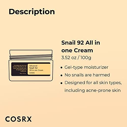 COSRX Snail Mucin 92% Repair Cream - Ultra-Hydrating Daily Face Gel Moisturizer for Dry, Acne-Prone & Sensitive Skin - Paraben-Free, Cruelty-Free Korean Skincare (3.52 Fl Oz)