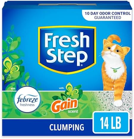 Fresh Step Clumping Cat Litter with Febreze Gain Scent, 14 lb – Long-Lasting Odor Control & Activated Charcoal, Low Dust Formula for a Fresh Home