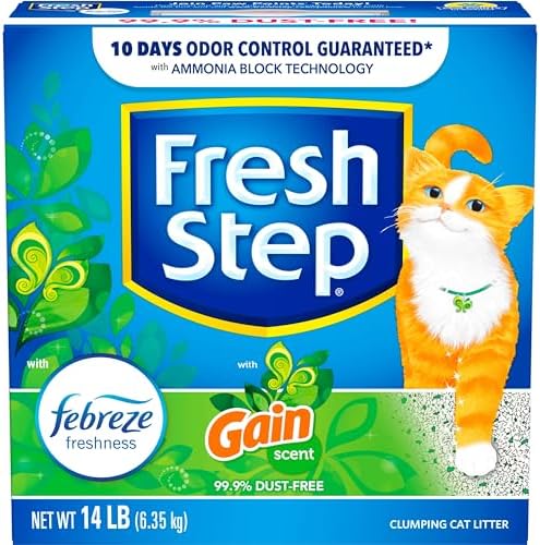 Fresh Step Clumping Cat Litter with Febreze Gain Scent, 14 lb – Long-Lasting Odor Control & Activated Charcoal, Low Dust Formula for a Fresh Home