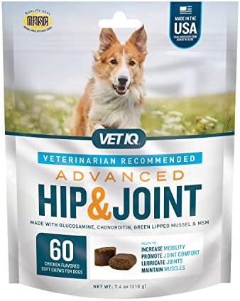 VetIQ Advanced Hip & Joint Chews for Dogs – 60 Chicken-Flavored Supplements with Glucosamine, Chondroitin, and Omega-3 for Enhanced Mobility