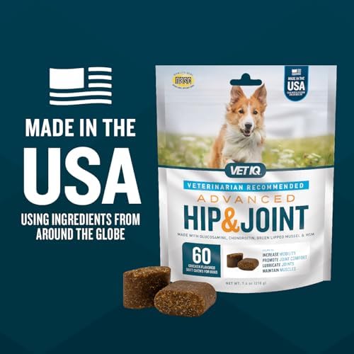 VetIQ Advanced Hip & Joint Chews for Dogs – 60 Chicken-Flavored Supplements with Glucosamine, Chondroitin, and Omega-3 for Enhanced Mobility