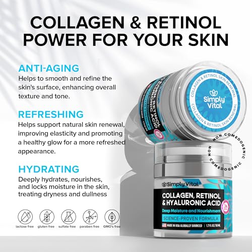 SimplyVital Anti-Aging Collagen Face Moisturizer – Retinol & Hyaluronic Acid Cream for Face, Neck & Décolleté – Daily Hydration, Firming & Wrinkle Reduction – Made in USA – 1.7oz