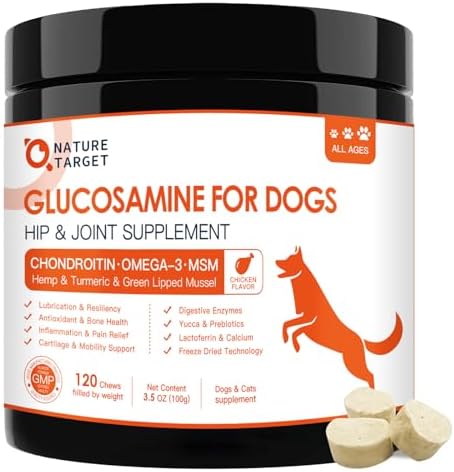 Glucosamine Joint Supplement for Dogs – 120 Chicken-Flavored Chews with Chondroitin, Omega-3, MSM, Turmeric, and Calcium for Pain Relief