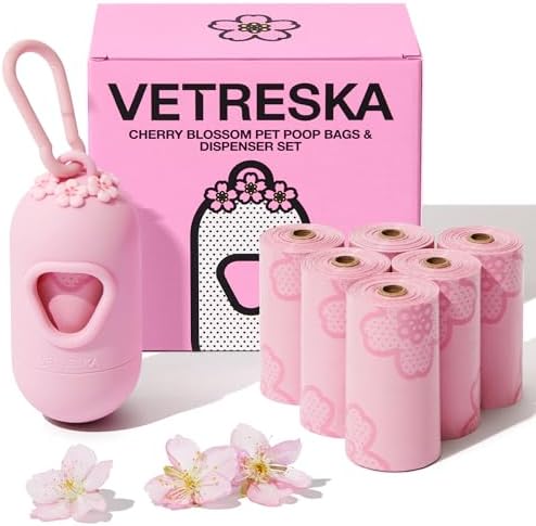 VETRESKA Cherry Blossom Scented Dog Poop Bag Dispenser - Leak Proof & Extra Thick Pet Waste Bags with 1 Holder and 105 Bags - Perfect for Dog Walking & Cat Litter (Pink)