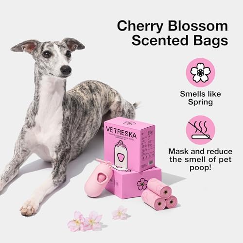 VETRESKA Cherry Blossom Scented Dog Poop Bag Dispenser - Leak Proof & Extra Thick Pet Waste Bags with 1 Holder and 105 Bags - Perfect for Dog Walking & Cat Litter (Pink)