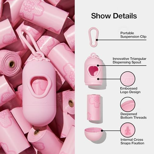 VETRESKA Cherry Blossom Scented Dog Poop Bag Dispenser - Leak Proof & Extra Thick Pet Waste Bags with 1 Holder and 105 Bags - Perfect for Dog Walking & Cat Litter (Pink)