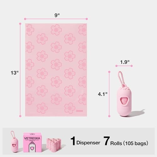 VETRESKA Cherry Blossom Scented Dog Poop Bag Dispenser - Leak Proof & Extra Thick Pet Waste Bags with 1 Holder and 105 Bags - Perfect for Dog Walking & Cat Litter (Pink)