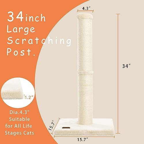 Sturdy 34-Inch Cat Scratching Post with Natural Sisal Rope – 4.3-Inch Wide Durable Scratcher for Indoor Cats, Beige