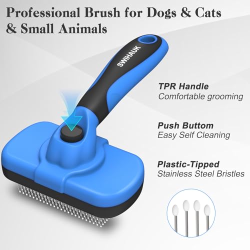 Swihauk Self-Cleaning Slicker Brush - Skin-Friendly Deshedding Grooming Tool for Dogs & Cats, Ideal for Shedding & Haired Pets - Pet Supplies Accessories in Blue